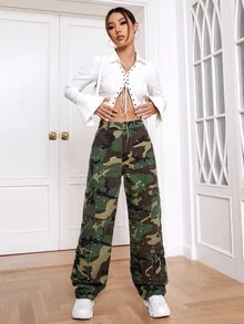 Camo Print Flap Pocket Side Cargo Jeans - Multicolor - View 4