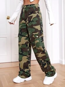 Camo Print Flap Pocket Side Cargo Jeans - Multicolor - View 5