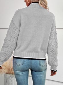 Striped Trim Drop Shoulder Jumper - Light Grey - View 2