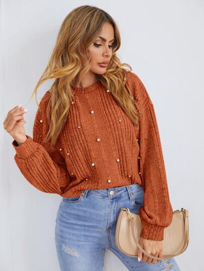 SHEIN LUNE Camiseta de malha canelada Detalhe de pérolas