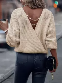 SHEIN Clasi Chain Detail Wrap Back Drop Shoulder Jumper - Apricot - View 1