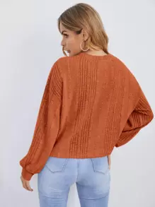 SHEIN LUNE Áo thun nữ màu trơn cổ tròn, vai rớt, tay dài, đính ngọc trai giả, chất liệu gân, kiểu dáng thường ngày. - màu nâu - Xem 2