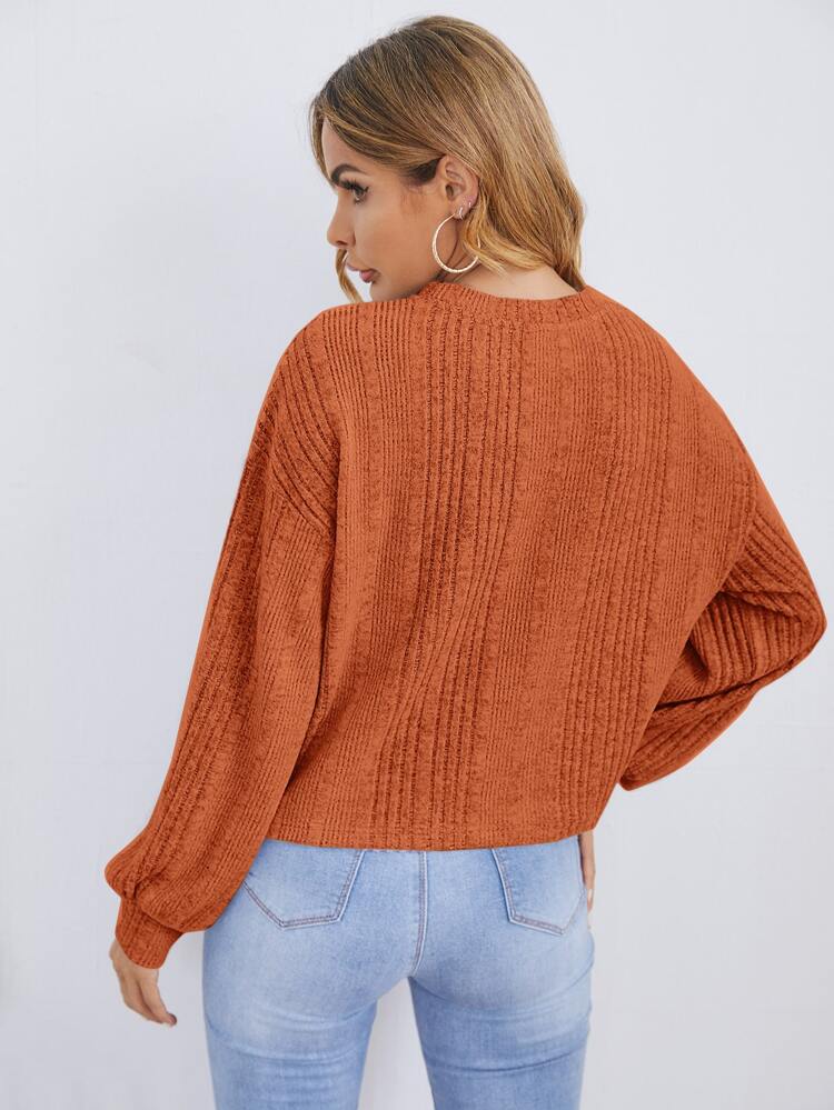 Women's Solid Color Round Neck Drop Shoulder Long Sleeve Faux Pearl Decor Ribbed Casual T-Shirt