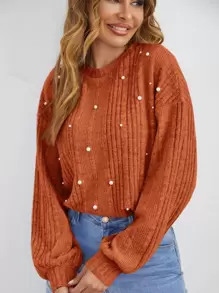 SHEIN LUNE Áo thun nữ màu trơn cổ tròn, vai rớt, tay dài, đính ngọc trai giả, chất liệu gân, kiểu dáng thường ngày. - màu nâu - Xem 3