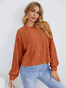 SHEIN LUNE Áo thun nữ màu trơn cổ tròn, vai rớt, tay dài, đính ngọc trai giả, chất liệu gân, kiểu dáng thường ngày. - màu nâu - Xem 5