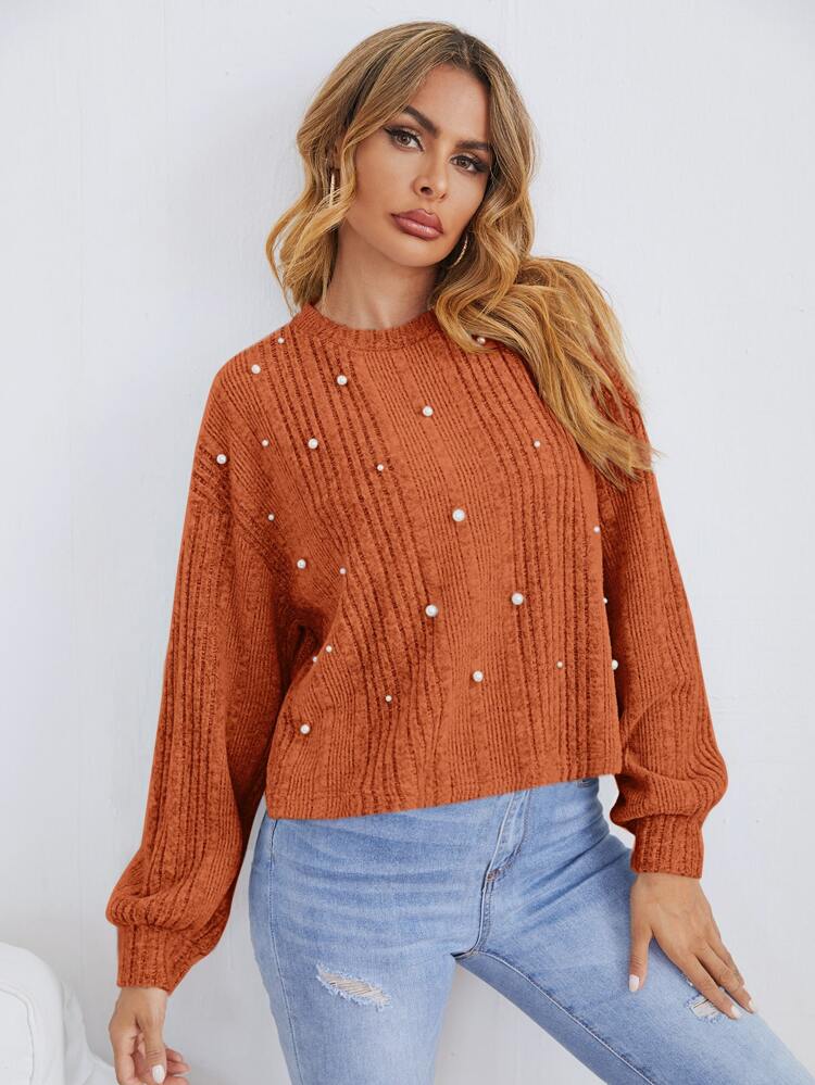 Women's Solid Color Round Neck Drop Shoulder Long Sleeve Faux Pearl Decor Ribbed Casual T-Shirt