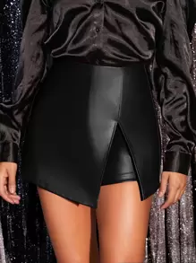 SHEIN BAE Split Hem PU Leather Skort - Black - View 3