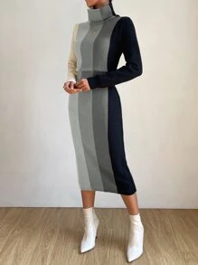 SHEIN Privé Vestido de punto de color combinado cuello alto - Multicolor - Ver 3