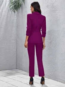 SHEIN Privé Peak Collar Buckle Belted Blazer and Split Hem Trousers Set - Red Violet - View 3