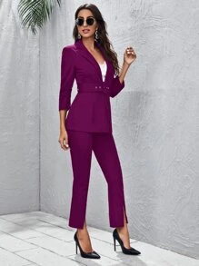 SHEIN Privé Peak Collar Buckle Belted Blazer and Split Hem Trousers Set - Red Violet - View 5