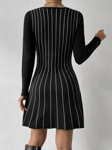 SHEIN Privé Striped Pattern Sweater Dress - Black - View 2