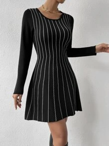 SHEIN Privé Striped Pattern Sweater Dress - Black - View 3