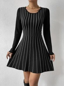 SHEIN Privé Striped Pattern Sweater Dress - Black - View 4