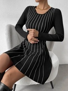 SHEIN Privé Striped Pattern Sweater Dress - Black - View 5