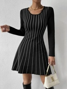 SHEIN Privé Striped Pattern Sweater Dress - Black - View 6