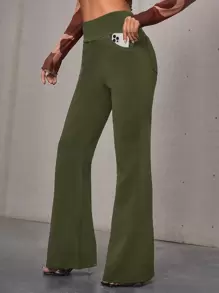 SHEIN Essnce High Waist Slant Pocket Flare Leg Trousers - Army Green - View 1