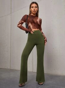SHEIN Essnce High Waist Slant Pocket Flare Leg Trousers - Army Green - View 4