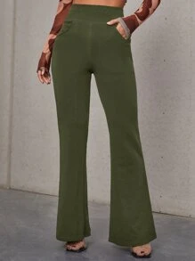 SHEIN Essnce High Waist Slant Pocket Flare Leg Trousers - Army Green - View 5