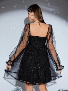 SHEIN BAE Square Neck Flounce Sleeve Star Mesh Dress - Black - View 2