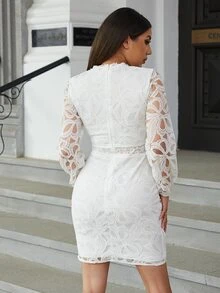 Eilly Bazar 小高領蕾絲連衣裙 - 白色 - 查看 3