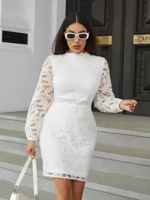 Eilly Bazar 小高領蕾絲連衣裙 - 白色 - 查看 1