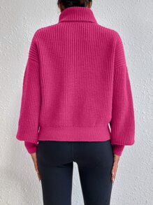 Celisse Suéter de cuello alto de punto acanalado con hombros caídos, parte superior de manga larga de punto, jersey de otoño e invierno - Rosa Fucsia - Ver 2