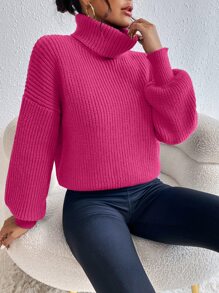 Celisse Suéter de cuello alto de punto acanalado con hombros caídos, parte superior de manga larga de punto, jersey de otoño e invierno - Rosa Fucsia - Ver 3