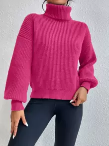 Celisse Suéter de cuello alto de punto acanalado con hombros caídos, parte superior de manga larga de punto, jersey de otoño e invierno - Rosa Fucsia - Ver 4