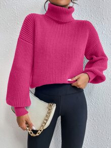 Celisse Suéter de cuello alto de punto acanalado con hombros caídos, parte superior de manga larga de punto, jersey de otoño e invierno - Rosa Fucsia - Ver 5