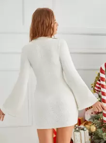 SHEIN Unity Mock Neck Trumpet Sleeve Bodycon Dress - White - View 2