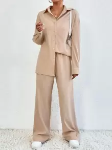 SHEIN Unity Drop Shoulder Corduroy Shirt & Pants - Apricot - View 3