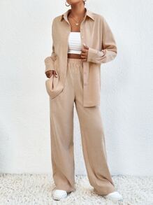 SHEIN Unity Drop Shoulder Corduroy Shirt & Pants - Apricot - View 4