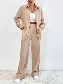 SHEIN Unity Drop Shoulder Corduroy Shirt & Pants - Apricot - View 5