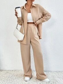 SHEIN Unity Drop Shoulder Corduroy Shirt & Pants - Apricot - View 6