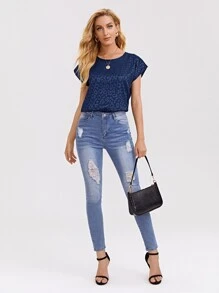 SHEIN Privé 蝙蝠袖豹紋襯衫 - 藏蓝色 - 查看 4