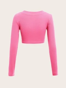 Muchica 素色V領螺紋針織短款T恤 - 粉色 - 查看 3