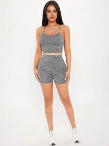 SHEIN PETITE Bộ đồ hai mảnh nữ màu trơn Giải trí - Xám - Xem 4