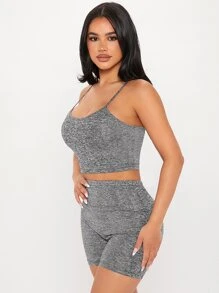 SHEIN PETITE Bộ đồ hai mảnh nữ màu trơn Giải trí - Xám - Xem 5