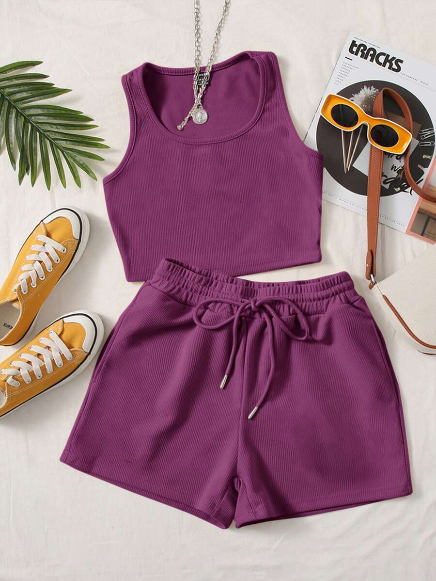 SHEIN EZwear 大圓領背心上衣和運動短褲 - 紫色 - 查看 1
