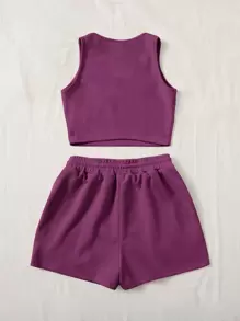 SHEIN EZwear 大圓領背心上衣和運動短褲 - 紫色 - 查看 2