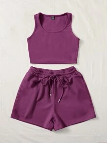 SHEIN EZwear 大圓領背心上衣和運動短褲 - 紫色 - 查看 3