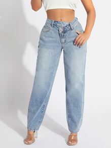 SHEIN SXY Stepped Waist Mom Fit Jeans - Light Wash - View 1