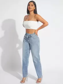 SHEIN SXY Stepped Waist Mom Fit Jeans - Light Wash - View 3