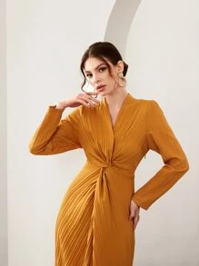 Modelyn Solid Twist Front Split Hem Dress - Mustard Yellow - View 3