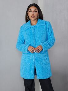 Eilly Bazar Open Front Teddy Coat - Blue - View 4
