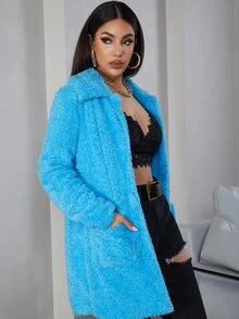 Eilly Bazar Open Front Teddy Coat - Blue - View 5