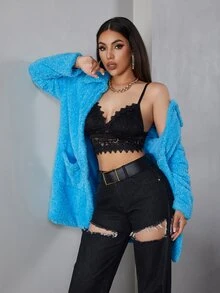 Eilly Bazar Open Front Teddy Coat - Blue - View 7