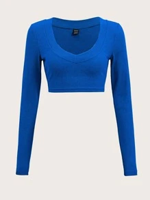 Muchica Solid V Neck Rib Knit Crop Tee - Royal Blue - View 2