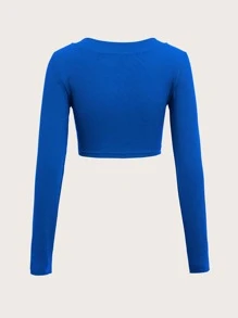 Muchica Solid V Neck Rib Knit Crop Tee - Royal Blue - View 3