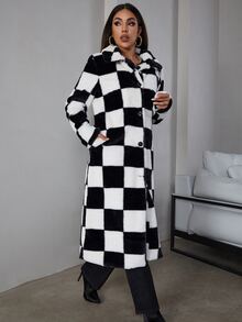 Eilly Bazar Button Front Checked Fuzzy Coat - Black and White - View 4